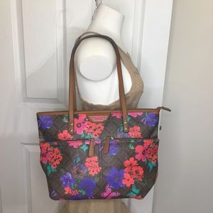 Dark Floral & Tan PCV Tote/Shoulder Bag